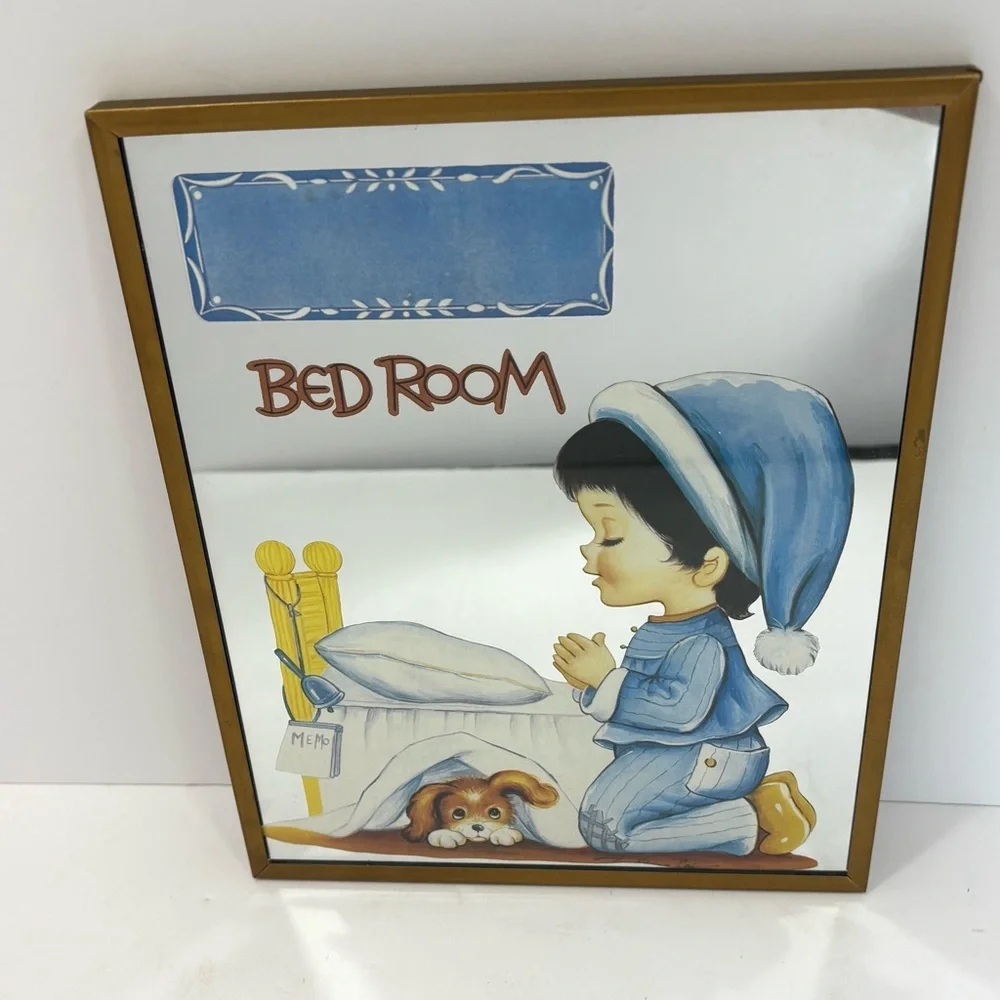 Vintage Mirror Little Boy Kneeling In Prayer On Bed W/Dog-70’s Walmart Decor MCM